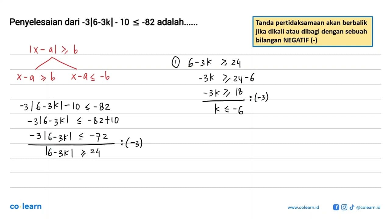 Penyelesaian dari -3|6-3k|-10<=-82 adalah...