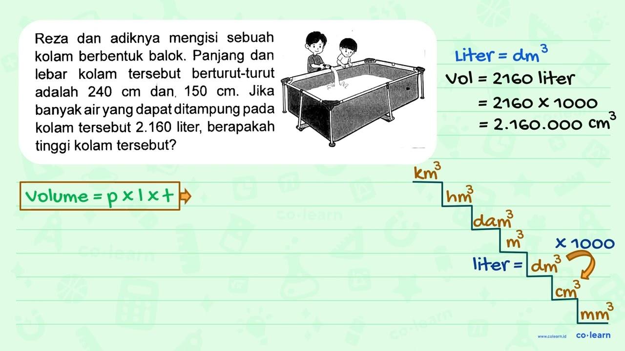 Reza dan adiknya mengisi sebuah kolam berbentuk balok.