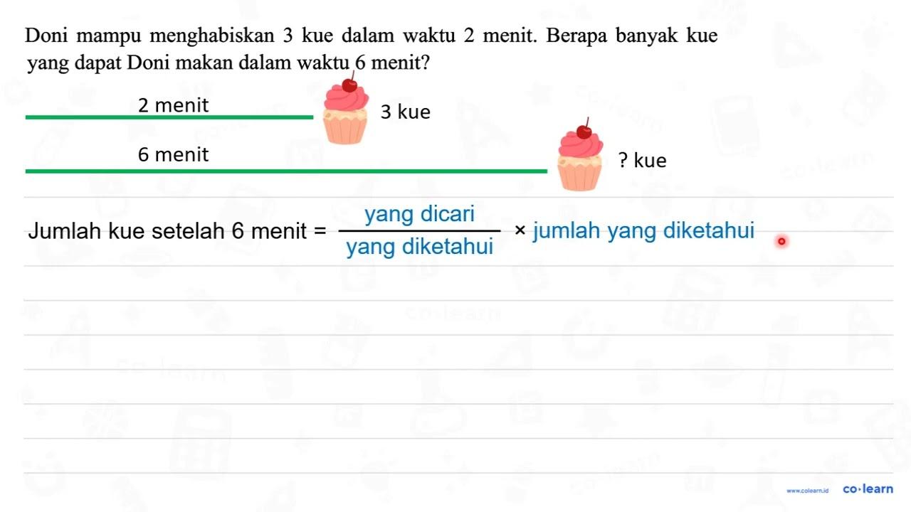 Doni mampu menghabiskan 3 kue dalam waktu 2 menit. Berapa