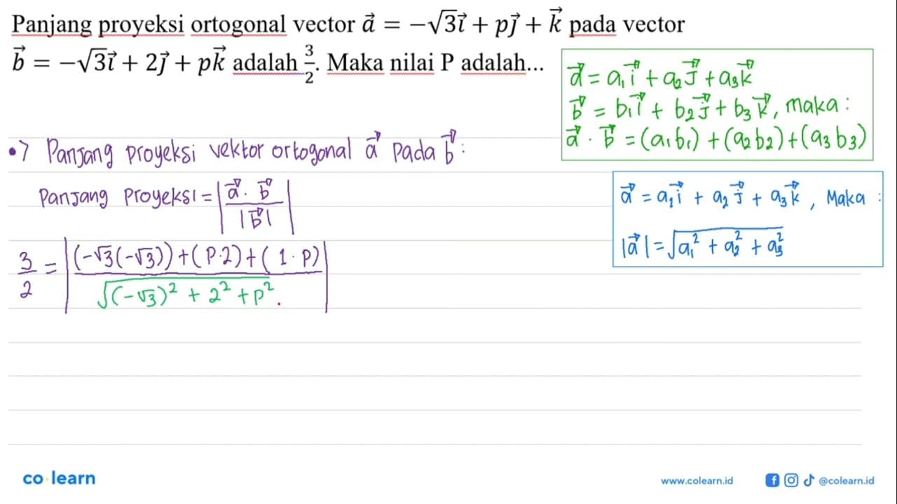 Panjang proyeksi ortogonal vector a=akar(3)i+pj+k pada