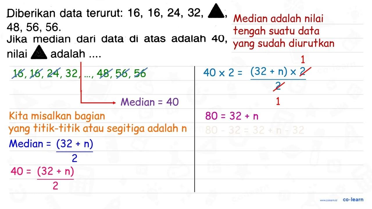 Diberikan data terurut: 16,16,24,32, segitiga, 48,56,56 .