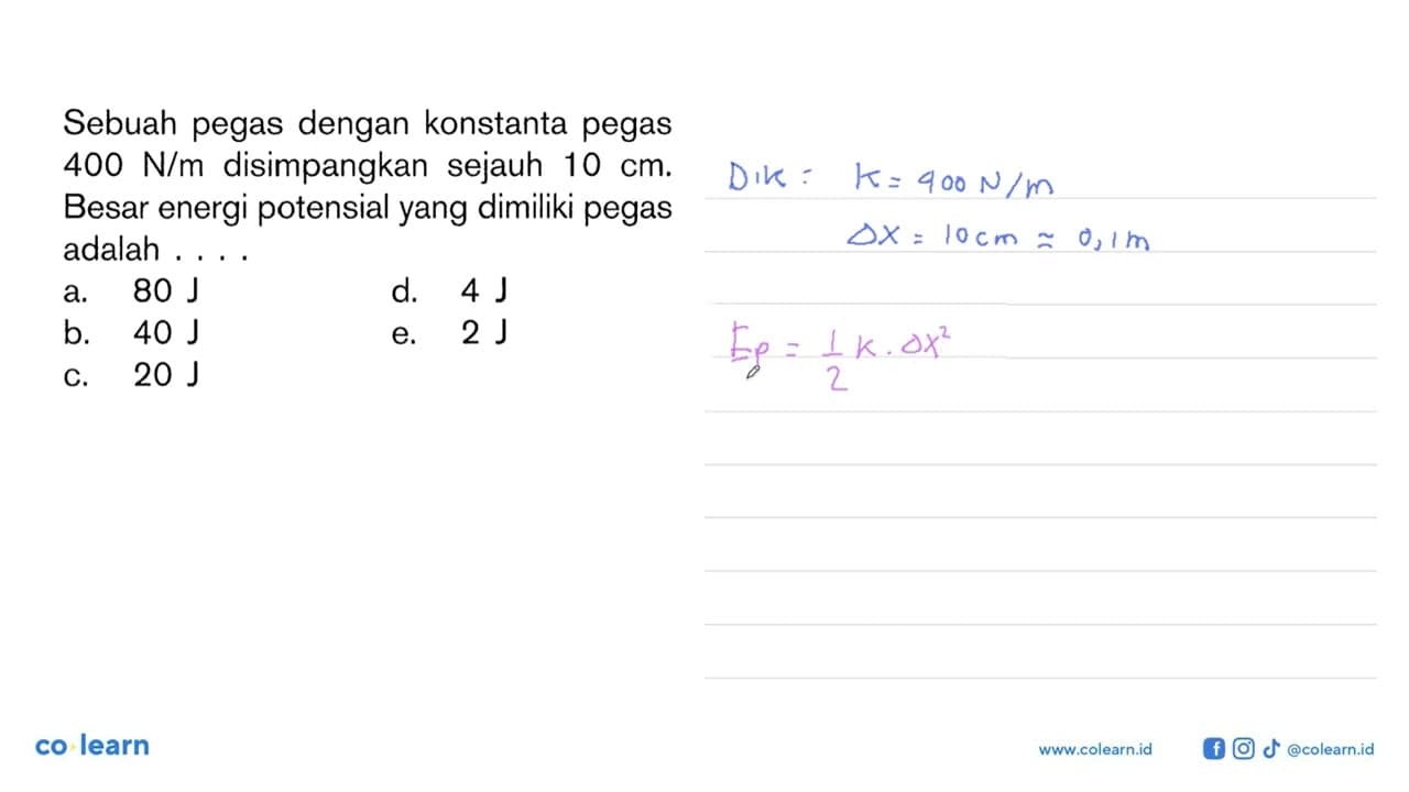 Sebuah pegas dengan konstanta pegas 400 N/m disimpangkan