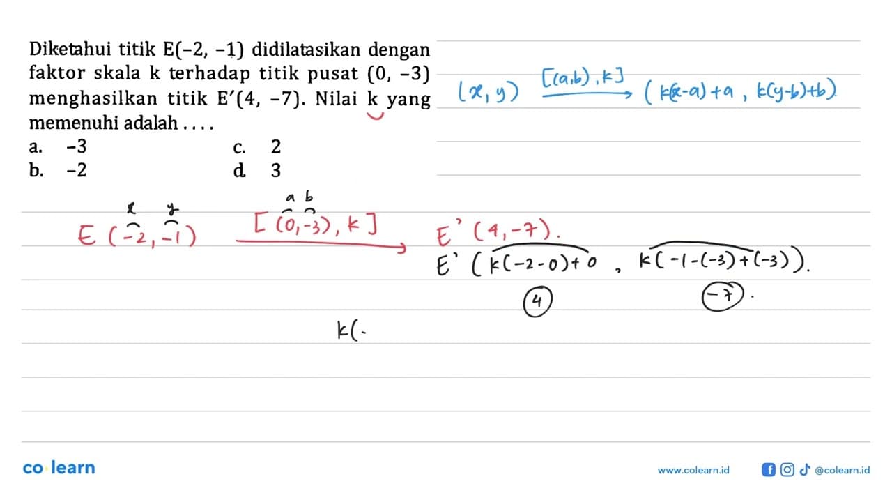 Diketahui titik E(-2,-1) didilatasikan dengan faktor skala