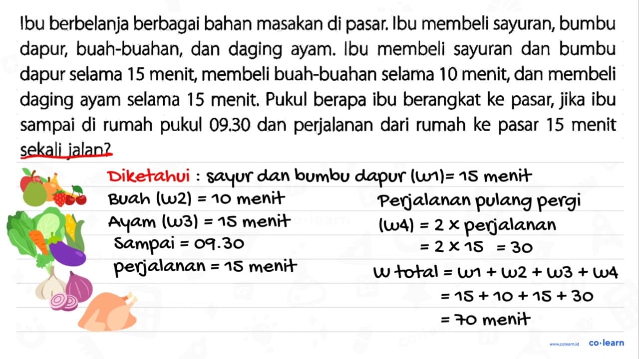 Ibu berbelanja berbagai bahan masakan di pasar. Ibu membeli