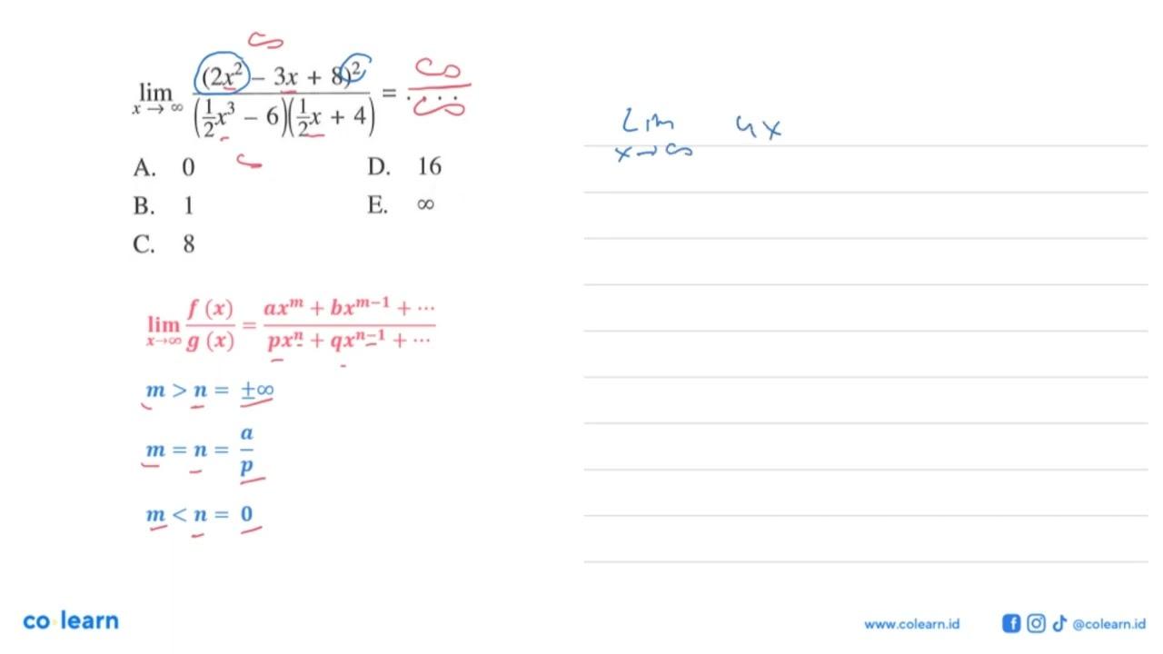 lim x->tak hingga (2x^2-3x+8)^2/((x^3/2-6)(x/2+4))=