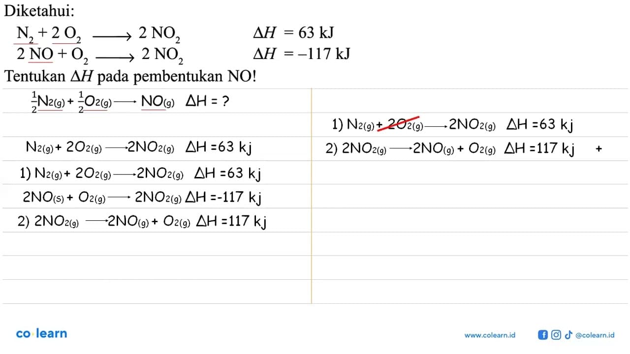 Diketahui: N2 + 2 O2 -> 2 NO2 delta H = 63 kJ 2 NO + O2 ->