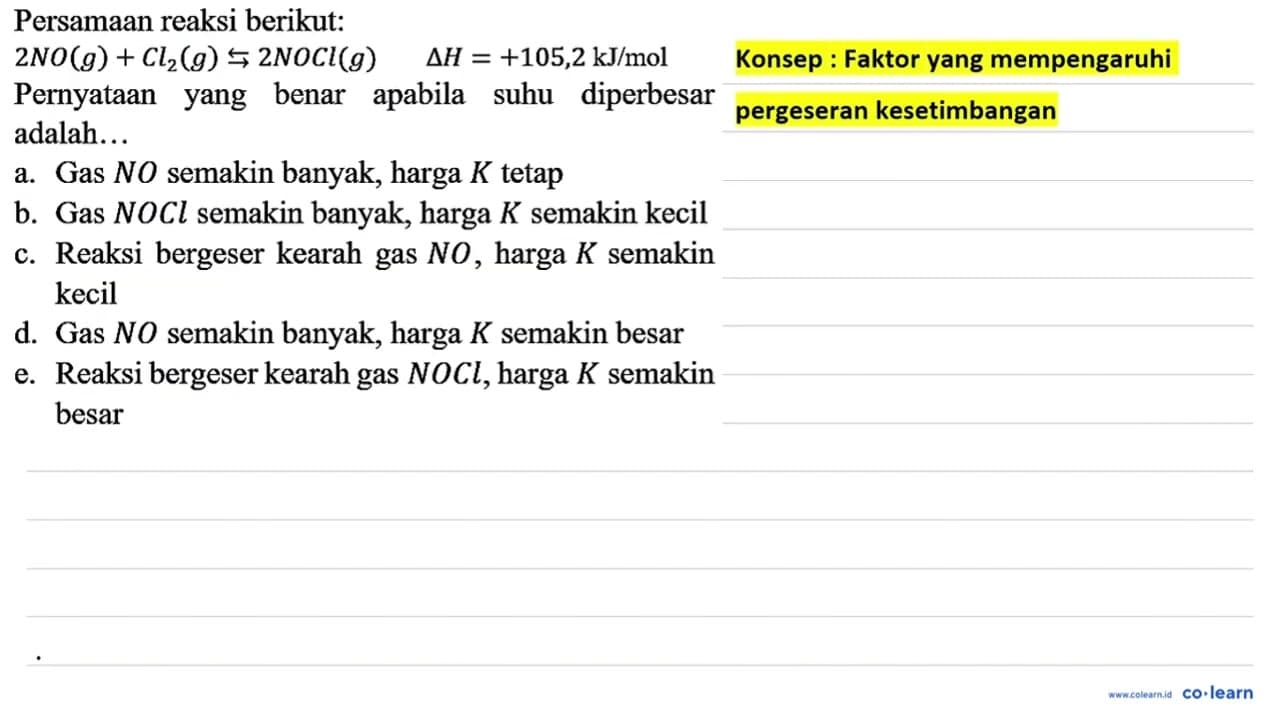 Persamaan reaksi berikut: 2 NO(g)+Cl_(2)(g) right->s 2