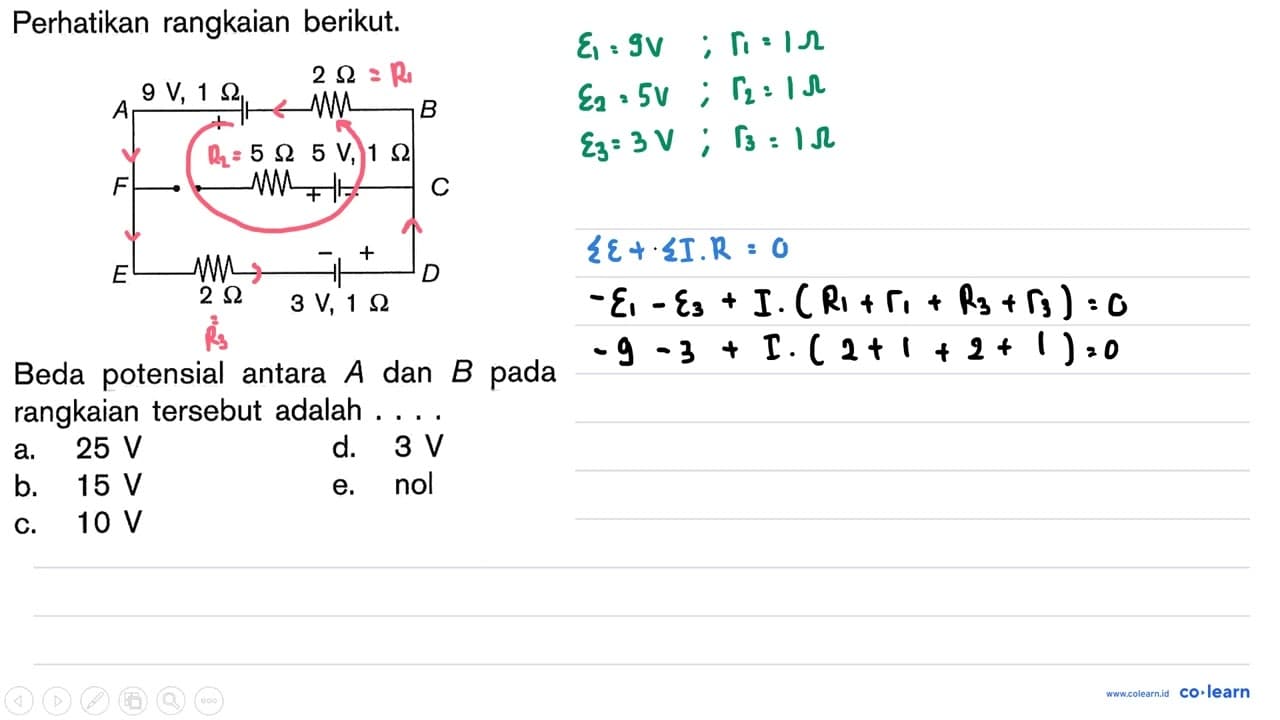 Perhatikan rangkaian berikut. A B C D E F 9 V, 1 Ohm 2 Ohm