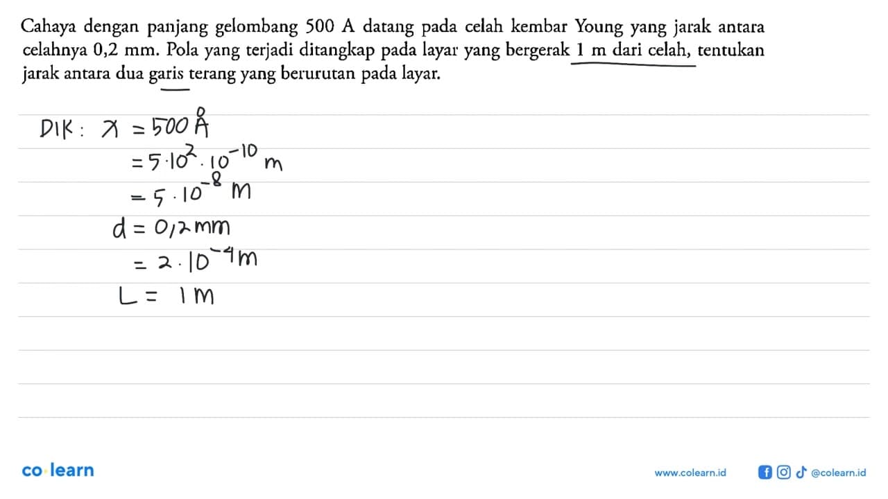 Cahaya dengan panjang gelombang 500 A datang pada celah