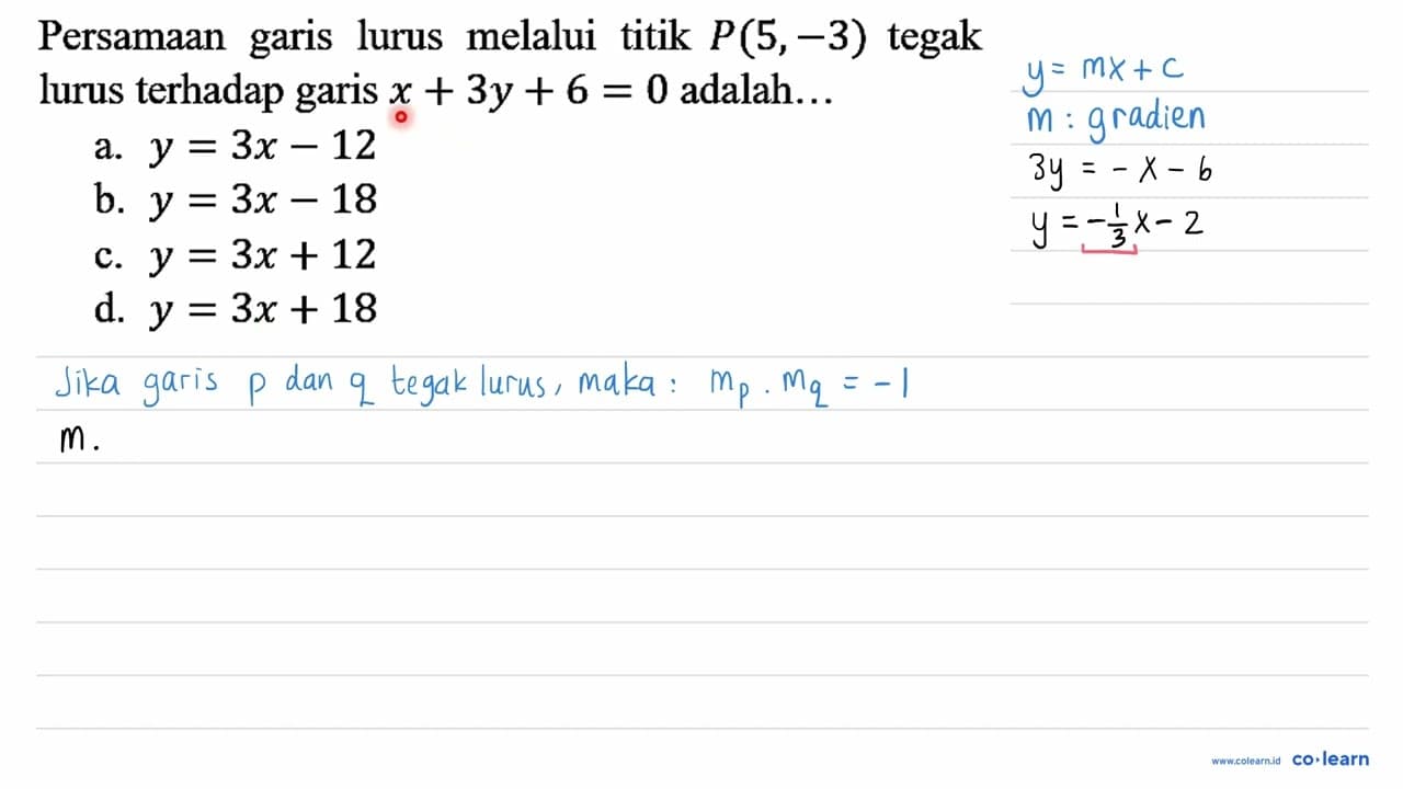 Persamaan garis lurus melalui titik P(5,-3) tegak lurus