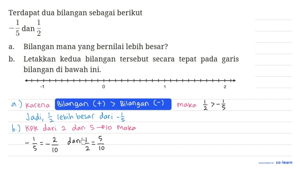 Terdapat dua bilangan sebagai berikut - 1/5 dan 1/2 a.