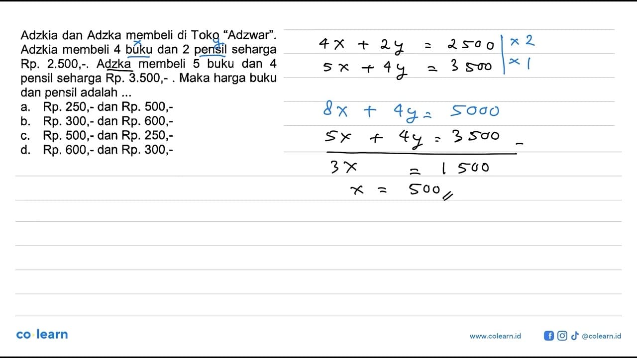 Adzka membeli di Toko "Adzwar". Adzkia membeli 4 buku dan 2