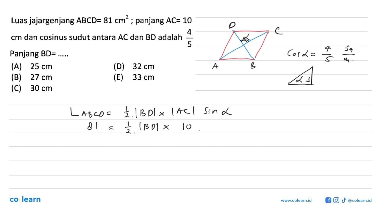 Luas jajargenjang ABCD=81 cm^2; panjang AC=10 cm dan