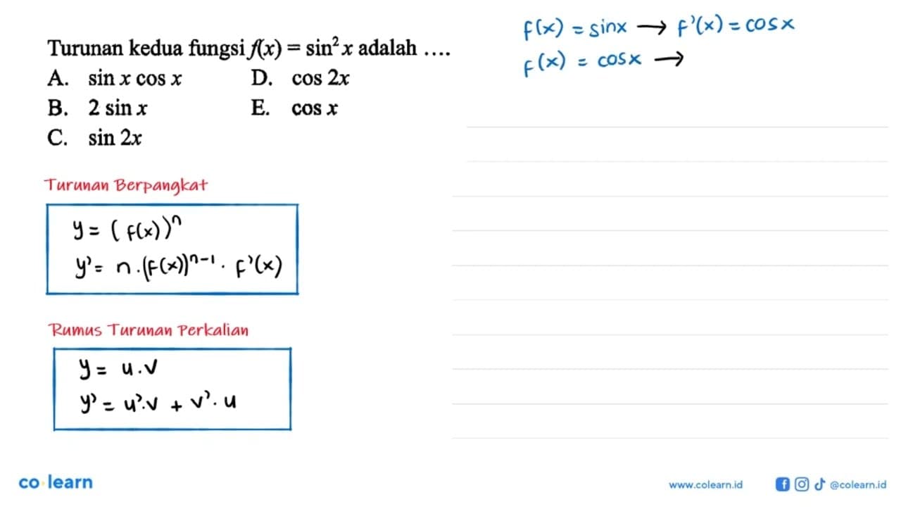 Turunan kedua fungsi f(x) = sin^2x adalah