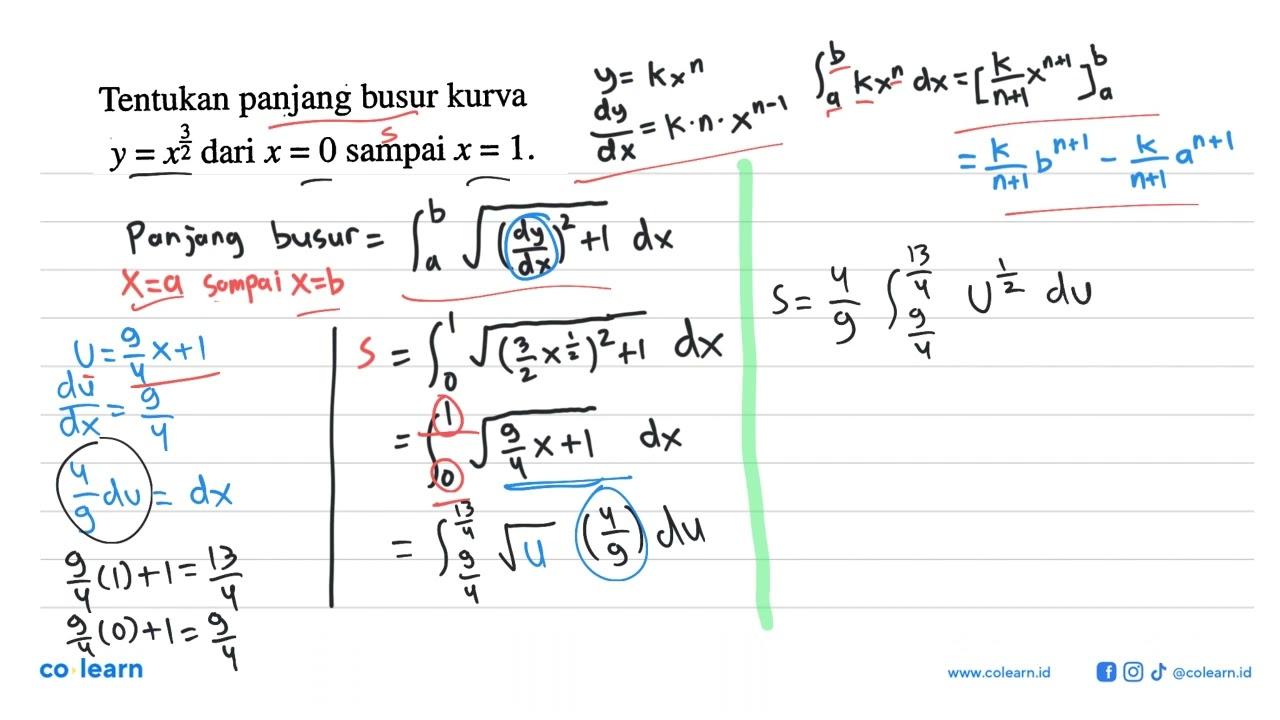 Tentukan panjang busur kurva y = x^(3/2) dari x=0 sampai