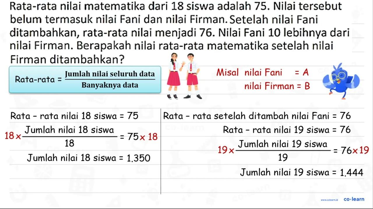 Rata-rata nilai matematika dari 18 siswa adalah 75. Nilai