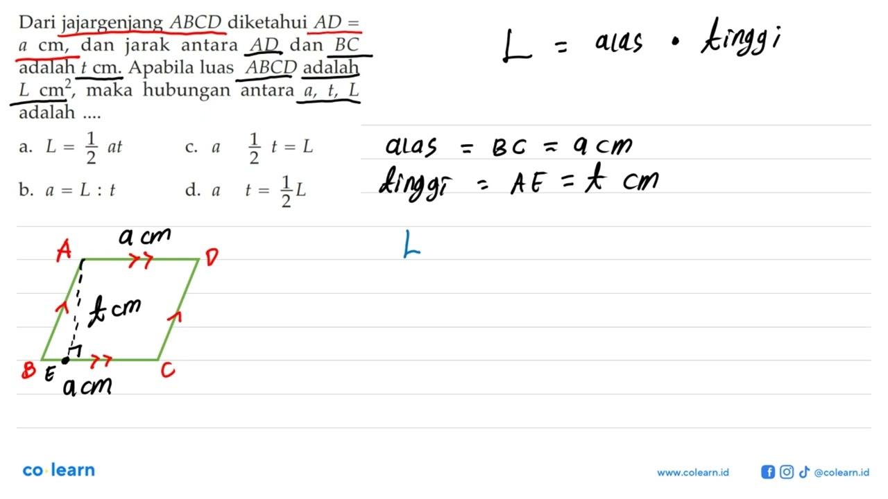 Dari jajargenjang ABCD diketahui AD= a cm, dan jarak antara