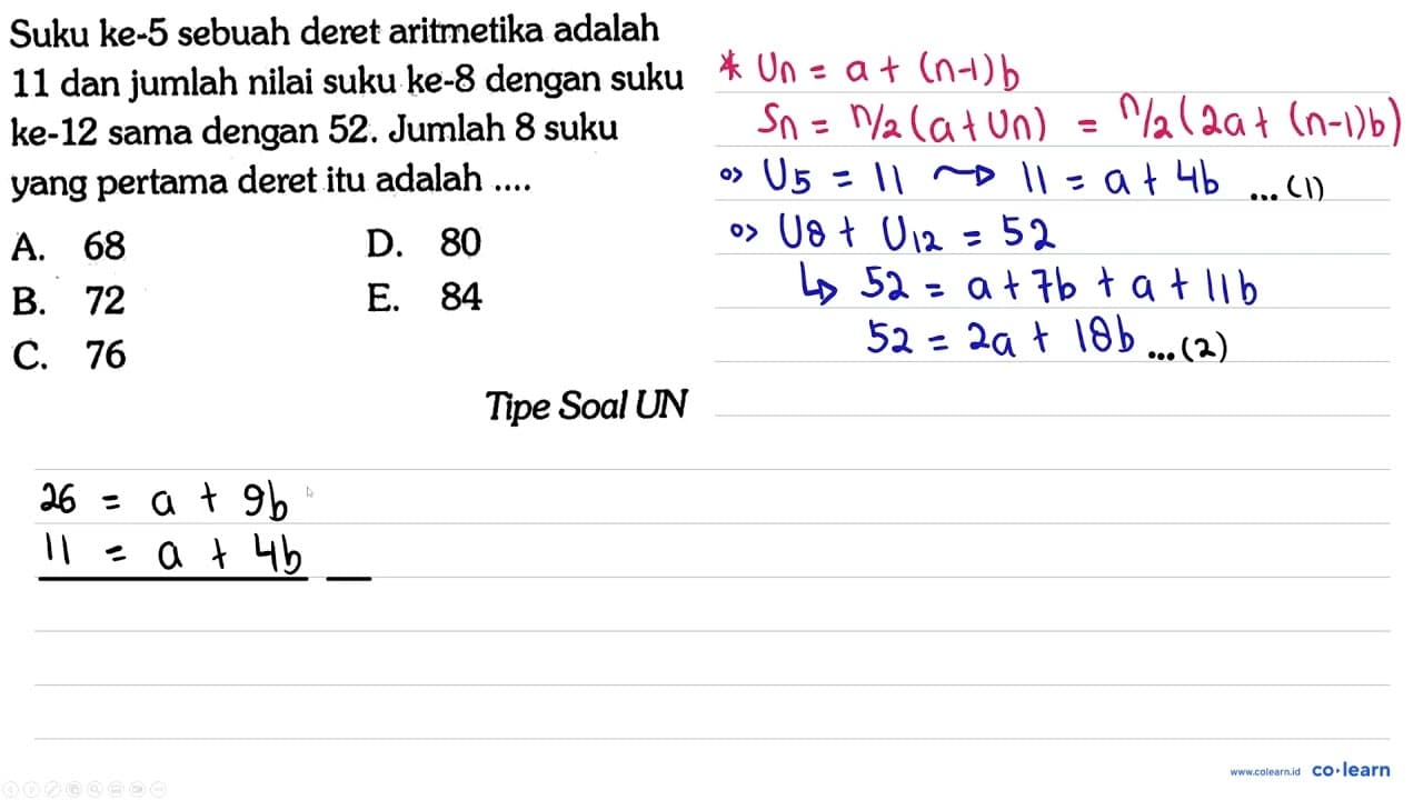 Suku ke-5 sebuah deret aritmetika adalah 11 dan jumlah