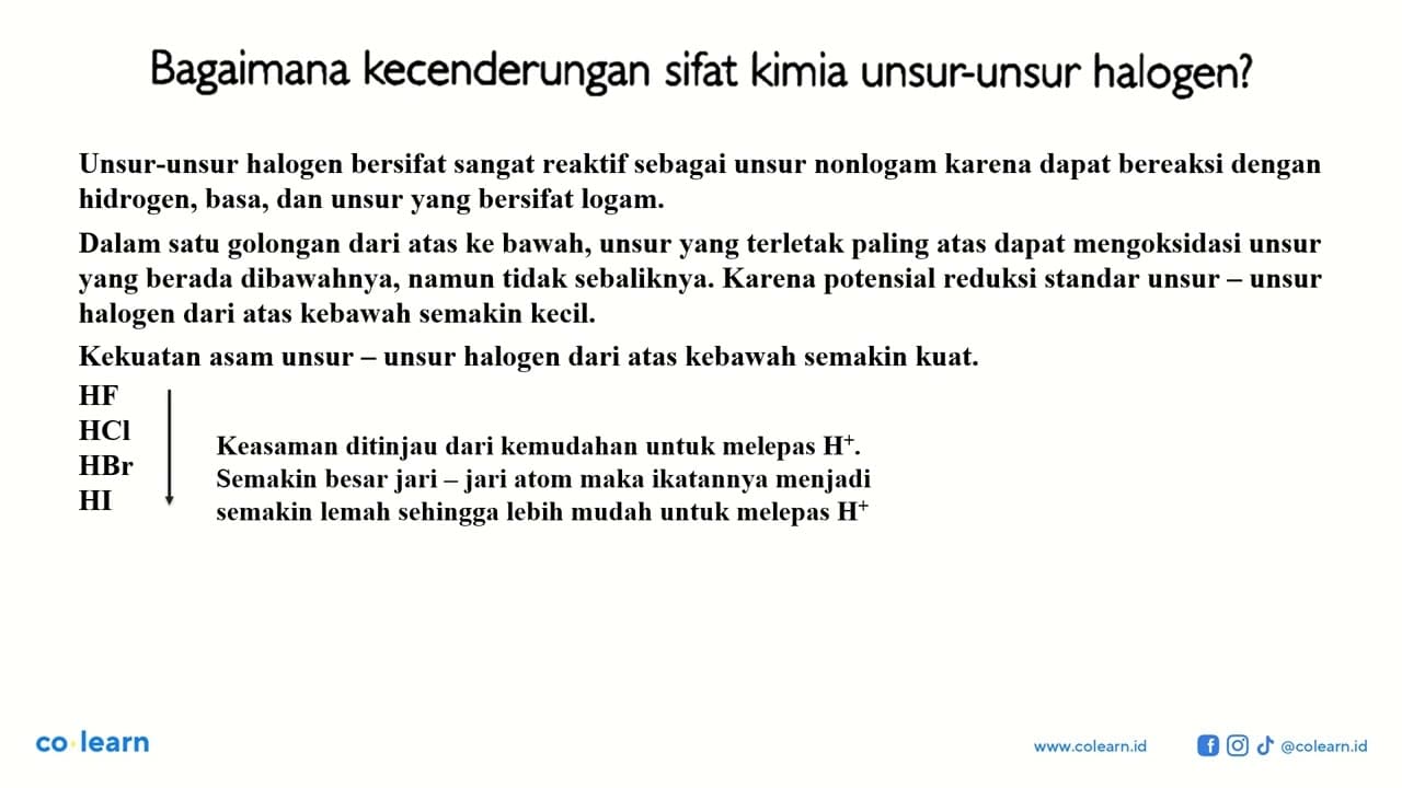 Bagaimana kecenderungan sifat kimia unsur-unsur halogen?