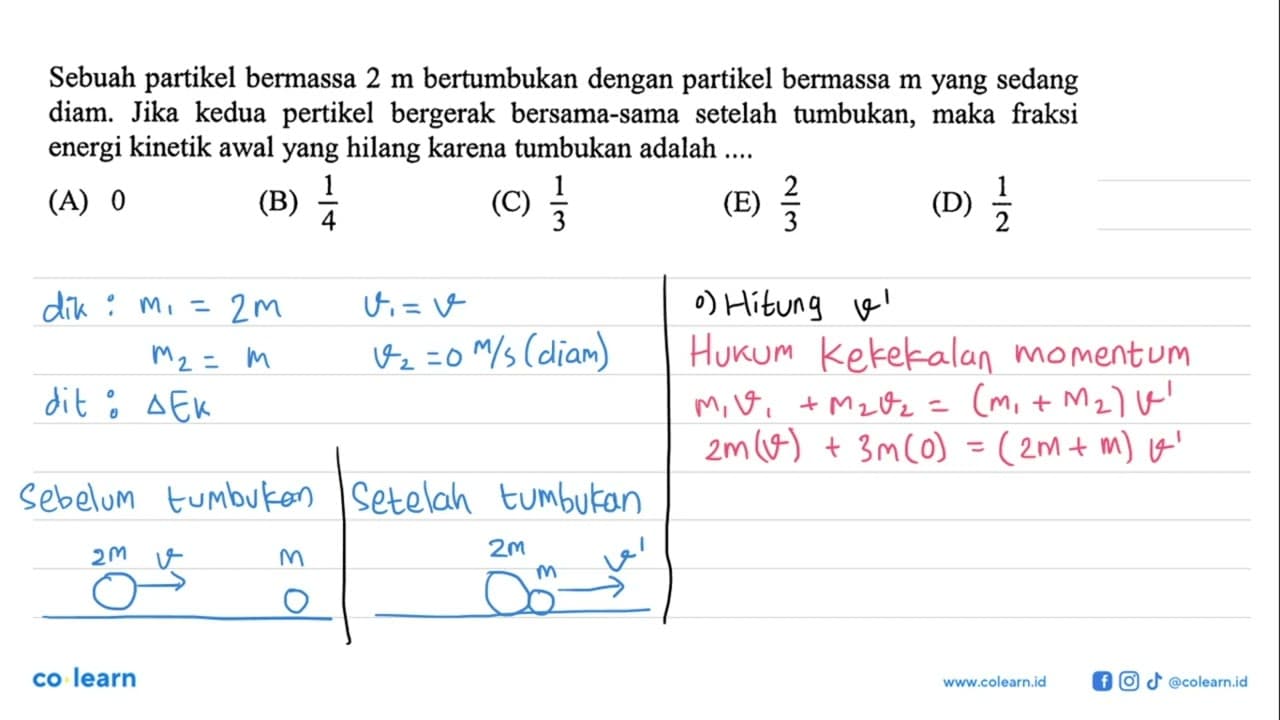 Sebuah partikel bermassa 2 m bertumbukan dengan partikel