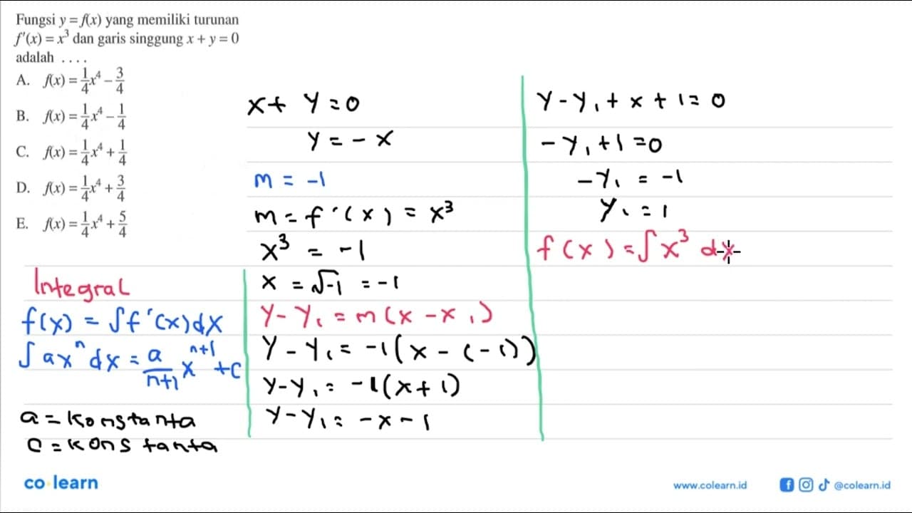 Fungsi y=f(x) yang memiliki turunan f'(x)=x^3 dan garis