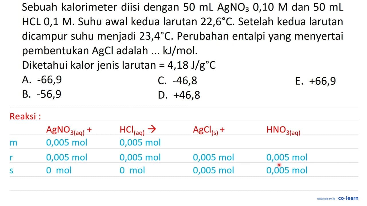 Sebuah kalorimeter diisi dengan 50 mL AgNO_(3) 0,10 M dan