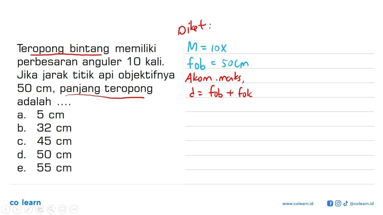 Teropong bintang memiliki perbesaran anguler 10 kali. Jika