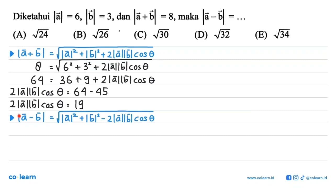 Diketahui |a|=6,|b|=3, dan |a+b|=8 , maka |a-b|=...