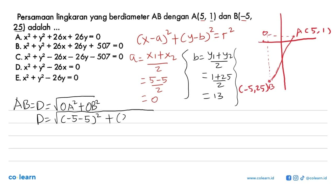 Persamaan lingkaran yang berdiameter AB dengan A(5,1) dan