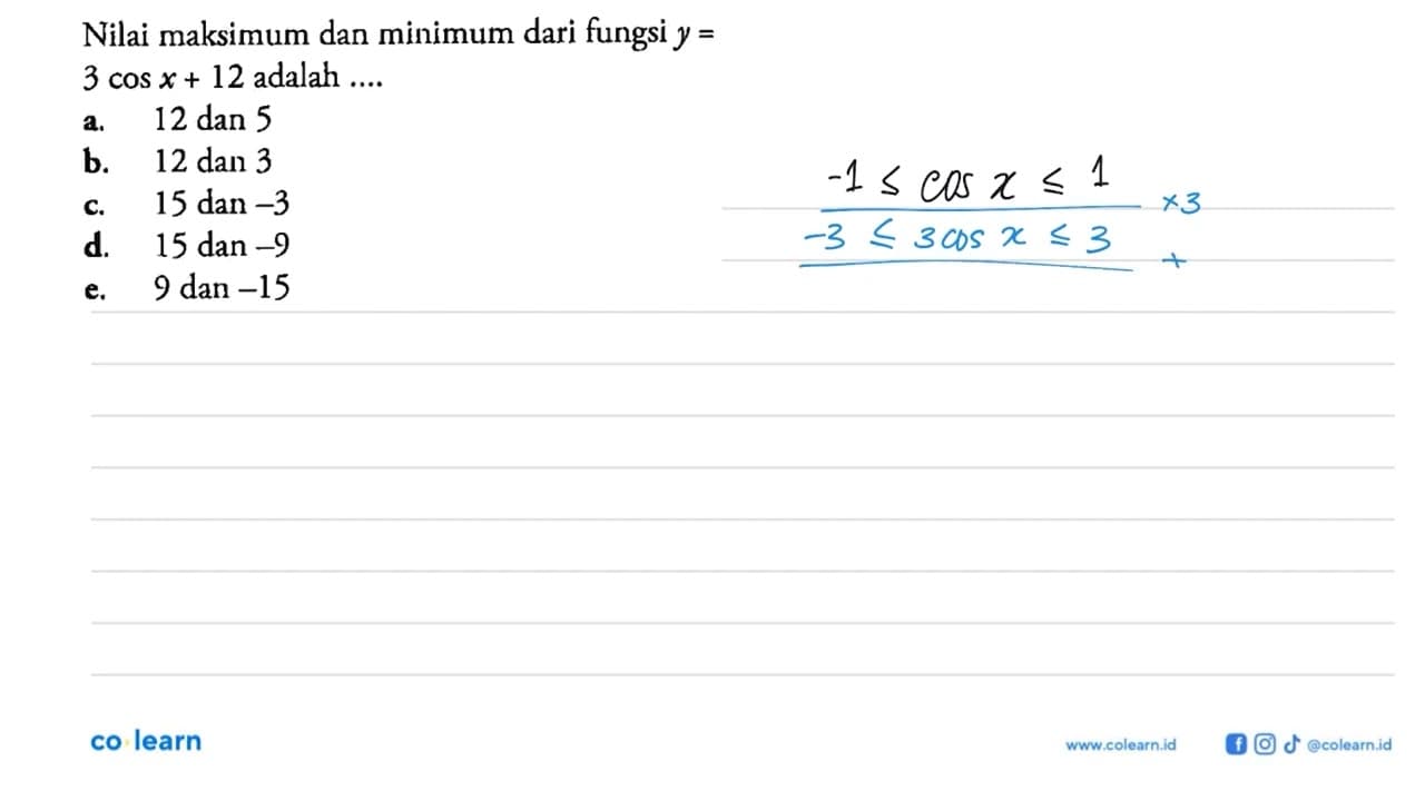 Nilai maksimum dan minimum dari fungsi y=3 cos x + 12