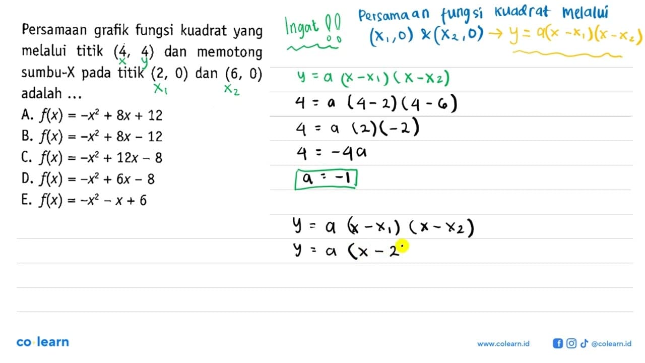 Persamaan grafik fungsi kuadrat yang melalui titik (4,4)