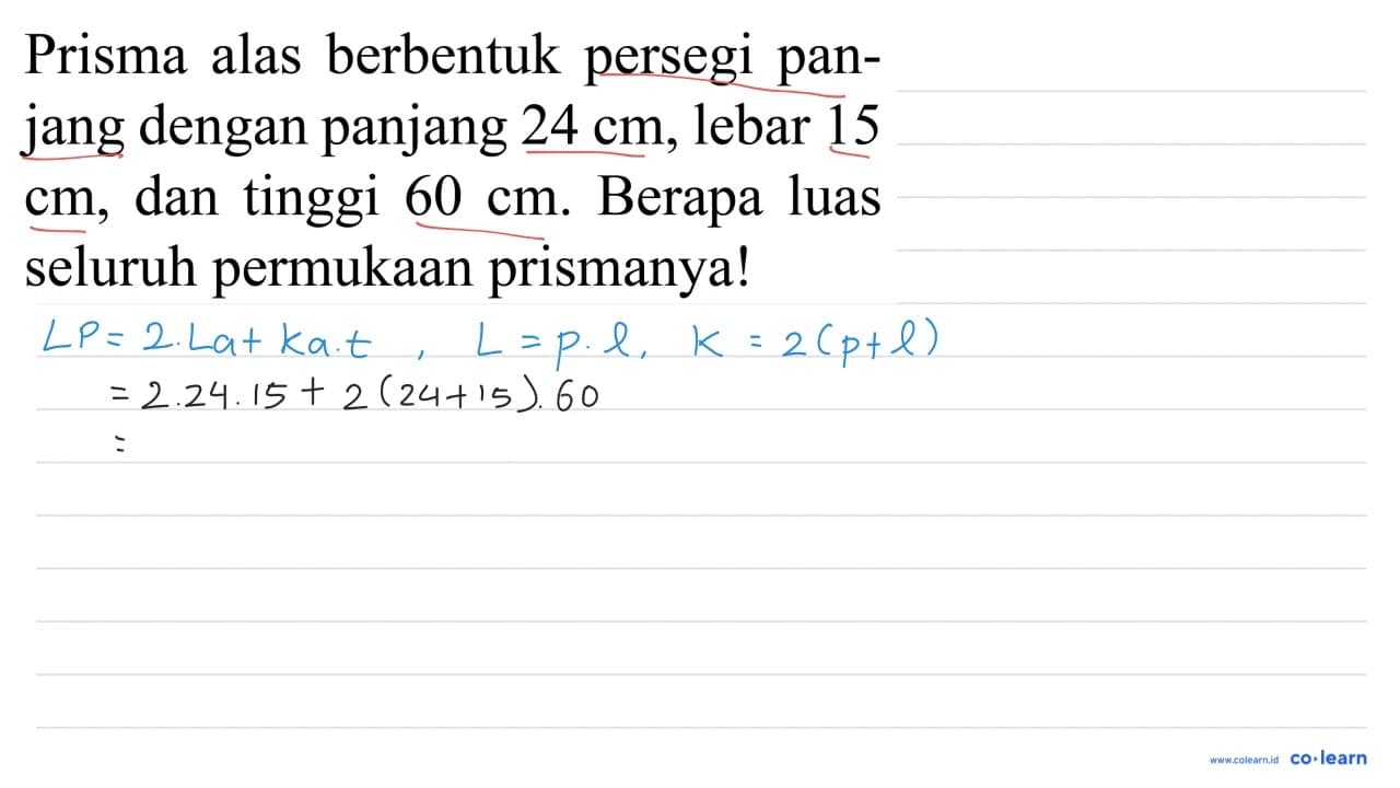 Prisma alas berbentuk persegi panjang dengan panjang 24 cm