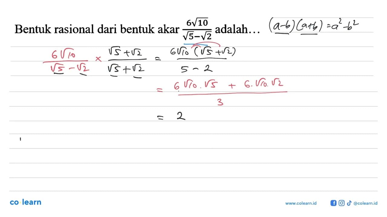 6V10 Bentuk rasional dari bentuk akar (6 akat(10))/(akar(5)