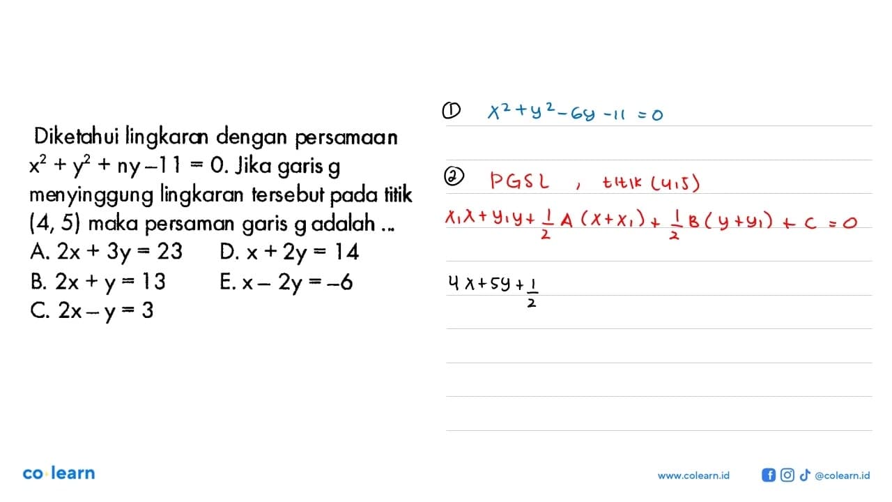 Diketahui lingkaran dengan persamaaN x^2+y^2+n y-11=0. Jika