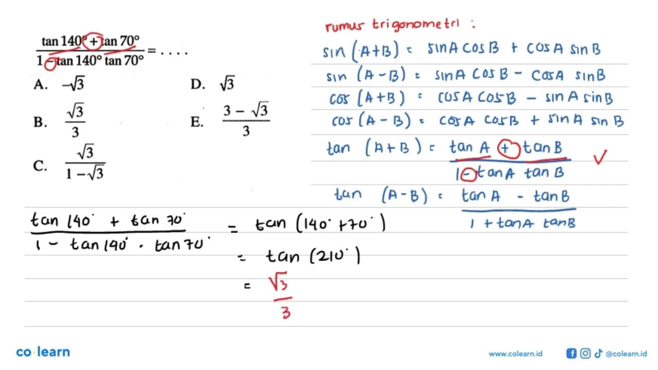 (tan 140+tan 70)/(1-tan 140 tan 70)=...