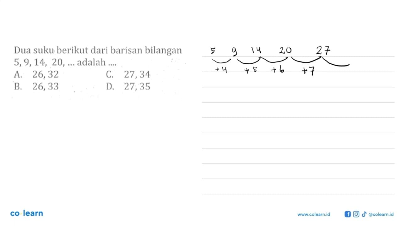 Dua suku berikut dari barisan bilangan 5,9,14, 20, ...