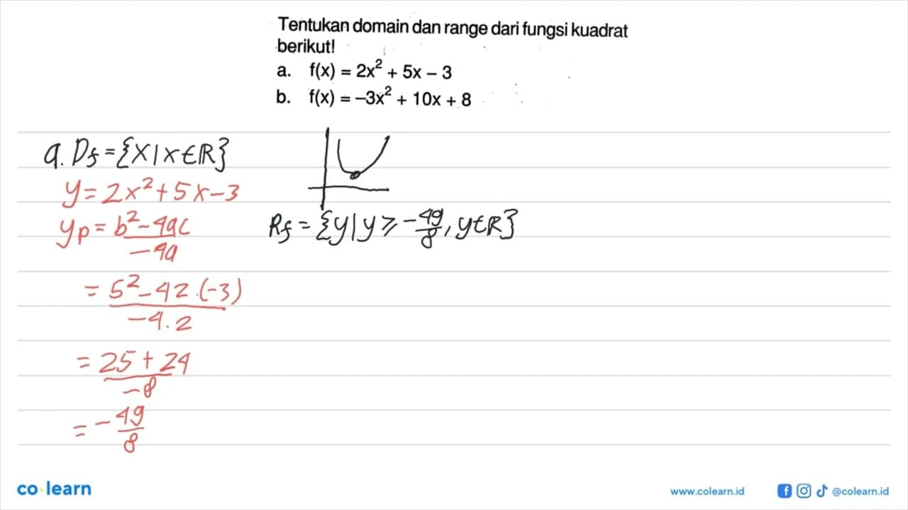 Tentukan domain dan range dari fungsi kuadrat berikut! a.