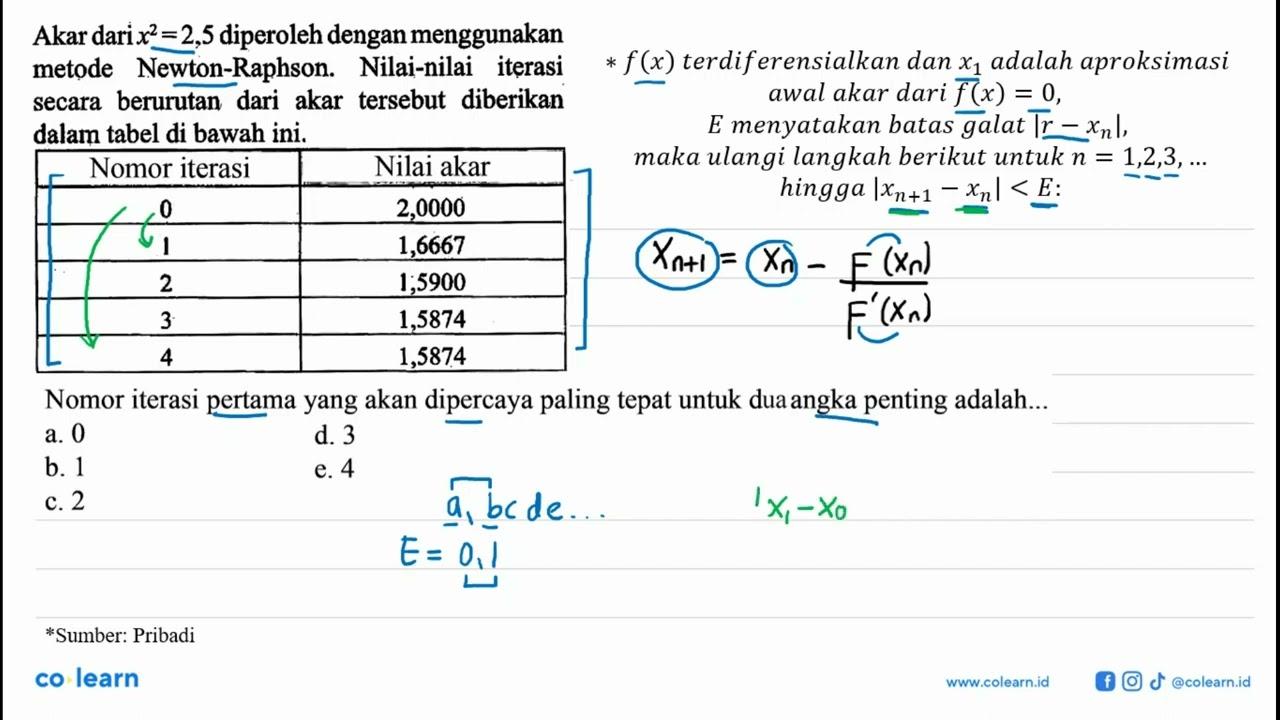 Akar dari x^2=2,5 diperoleh dengan menggunakan metode