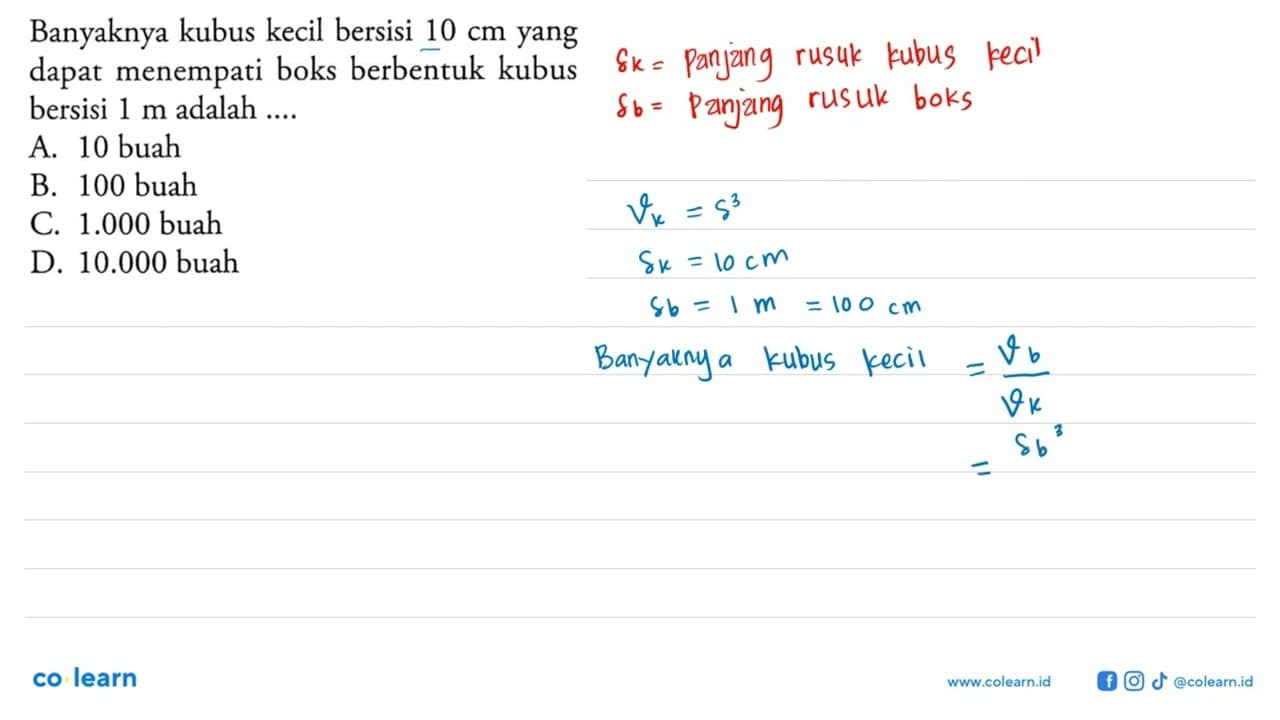 Banyaknya kubus kecil bersisi 10 cm yang dapat menempati