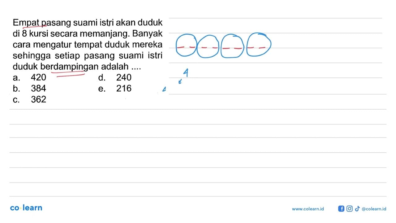 Empat pasang suami istri akan duduk di 8 kursi secara