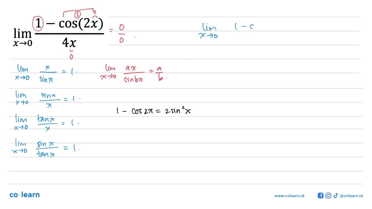 limit x -> 0 (1-cos(2x))/4x