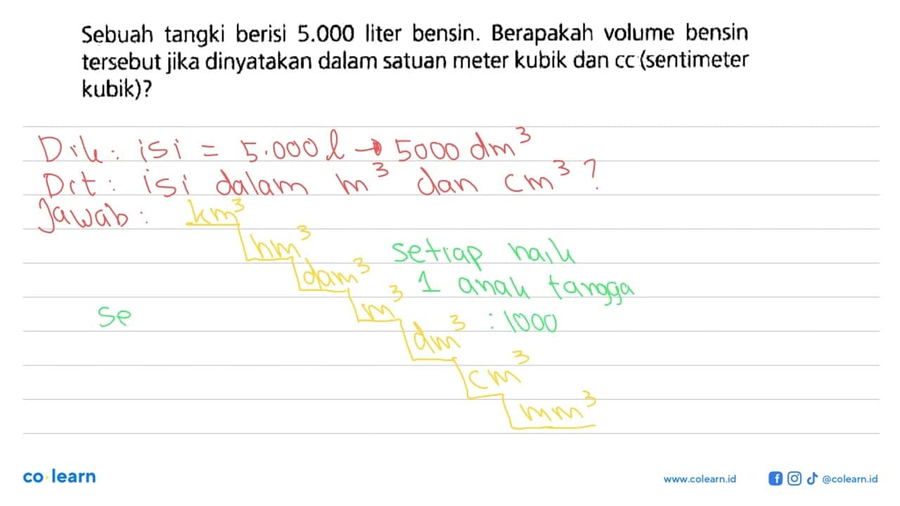 Sebuah tangki berisi 5.000 Ilter bensin. Berapakah volume