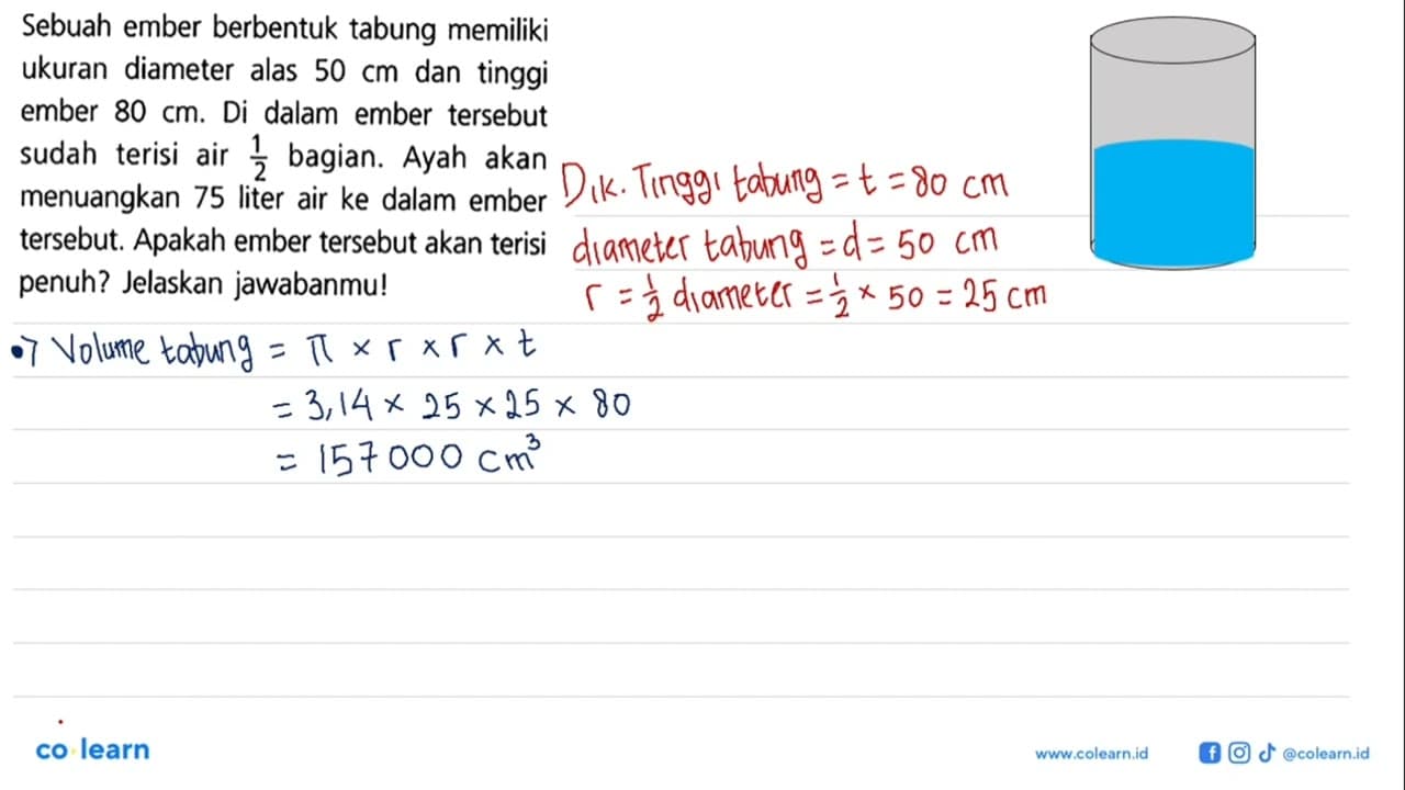 Sebuah ember berbentuk tabung memiliki ukuran diameter alas