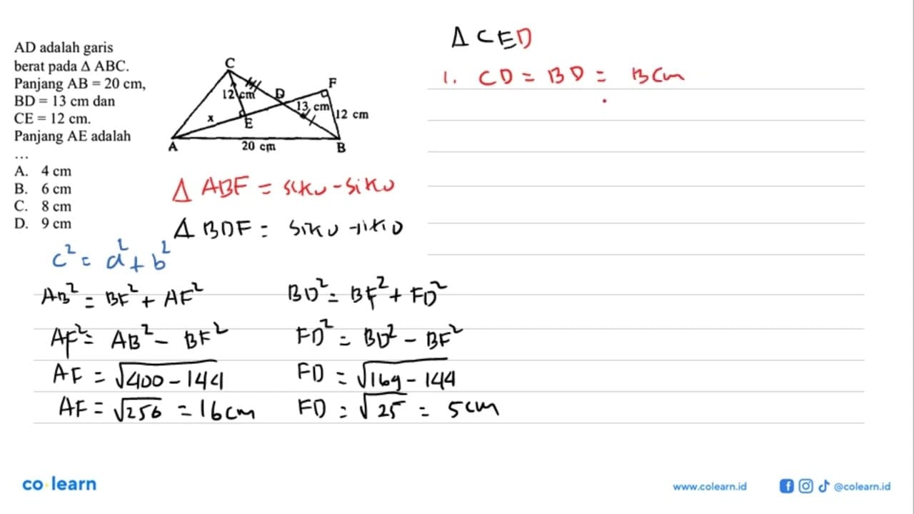 AD adalah garis berat pada segitiga ABC. Panjang AB = 20