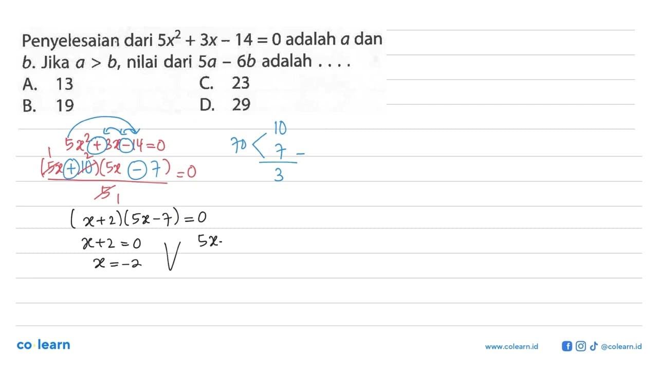 Penyelesaian dari 5x^2 + 3x - 14 = 0 adalah a dan b. Jika a