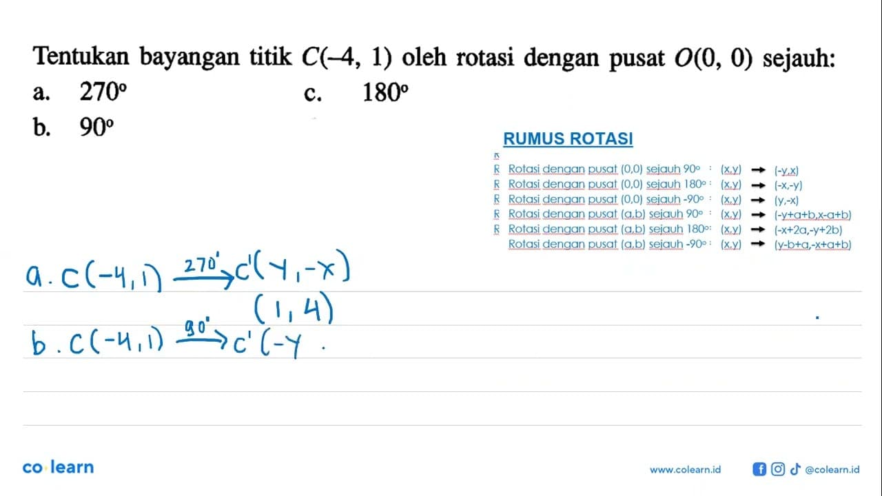 Tentukan bayangan titik C(-4,1) oleh rotasi dengan pusat