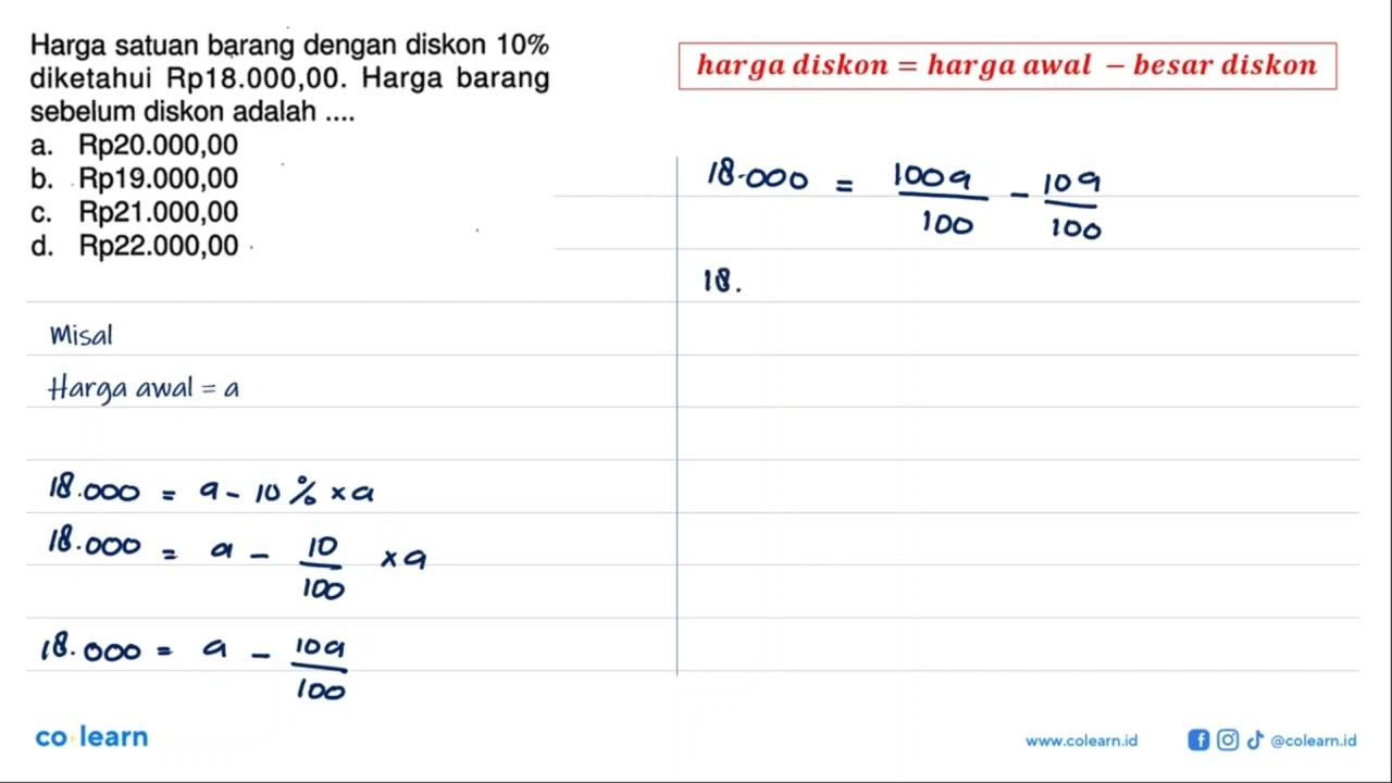 Harga satuan barang dengan diskon 10% diketahui