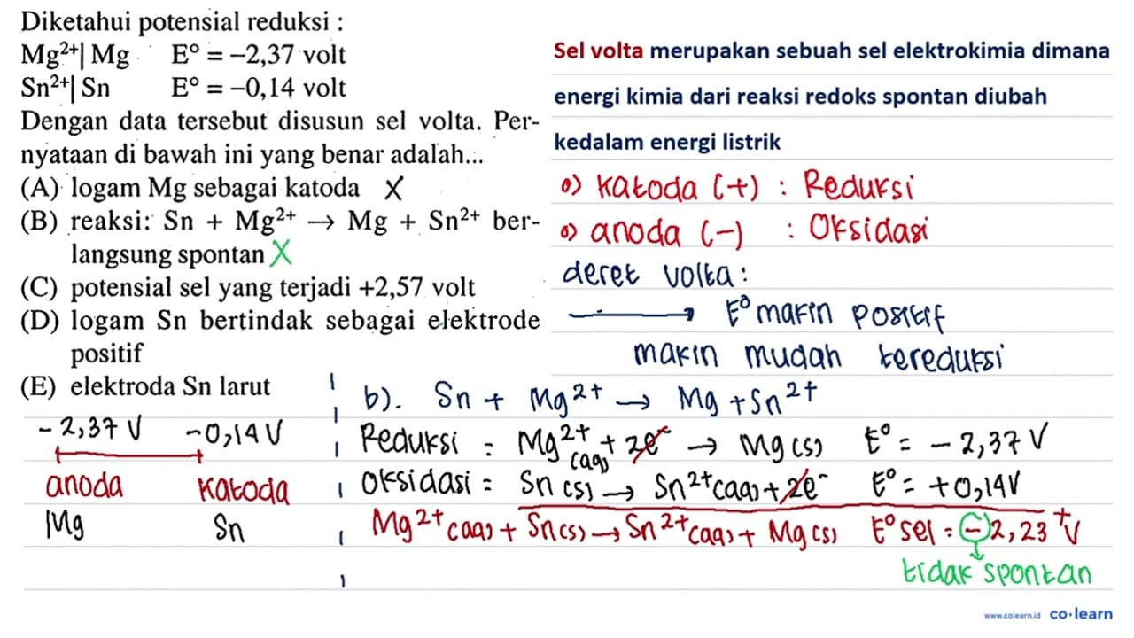 Diketahui potensial reduksi : Mg^2+ | Mg E=-2,37 volt Sn^2+