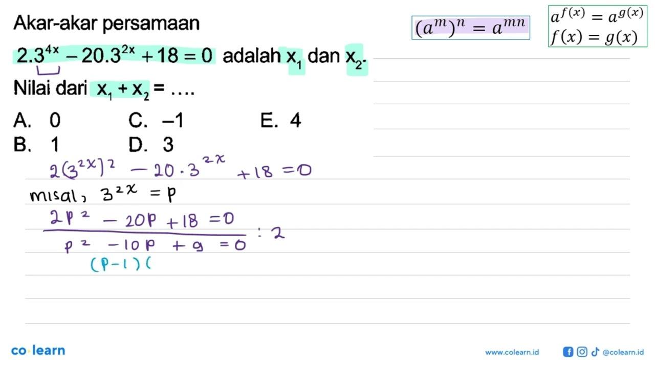 Akar-akar persamaan 2.3^(4x)-20.3^(2x)+18=0 adalah x1 dan