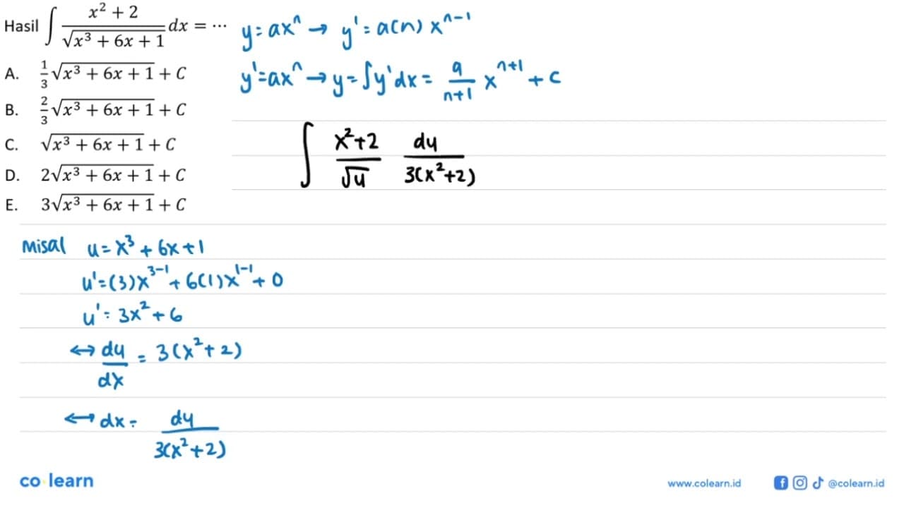 Hasil integral (x^2+2)/(akar(x^3+6x+1)) dx=...